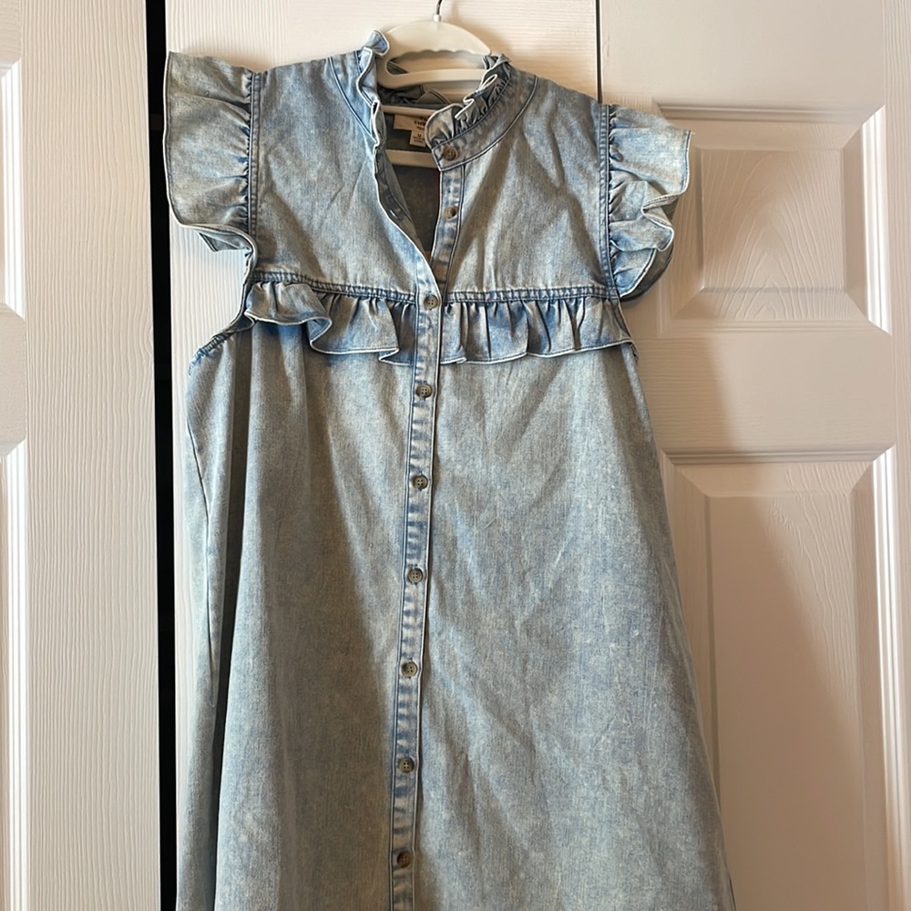 Demi Denim Ruffle Dress- Light Denim. Size Medium